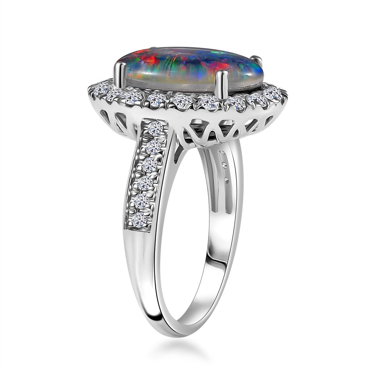 Certified & Appraised Premium Elysian Opal (Triplet) and G-H SI Luxuriant Lab Grown Diamond 4.34 ctw Halo Ring in 10K White Gold (Size 7.0) 4.38 Grams image number 3