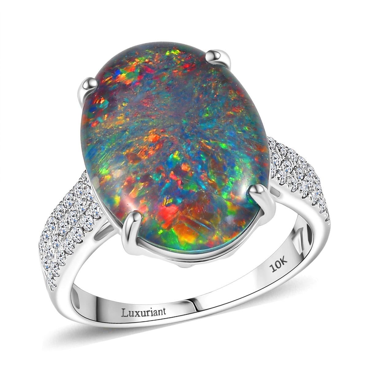 10K White Gold Premium Elysian Opal (Triplet), Luxuriant Lab Grown Diamond (G-H, SI) (0.42 cts) Ring (Size 10.0) 6.67 ctw image number 0