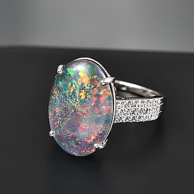 Certified & Appraised Premium Elysian Opal (Triplet) and G-H SI Luxuriant Lab Grown Diamond 6.67 ctw Ring in 10K White Gold (Size 11.0)
