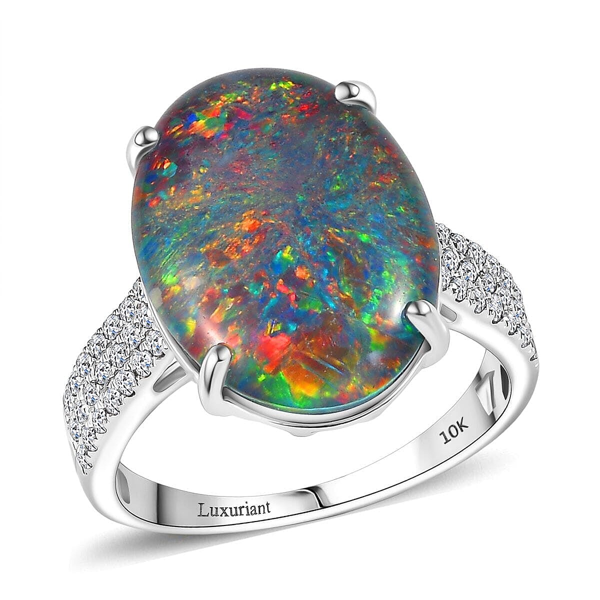Certified & Appraised Premium Elysian Opal (Triplet) and G-H SI Luxuriant Lab Grown Diamond 6.67 ctw Ring in 10K White Gold (Size 5.0) image number 0