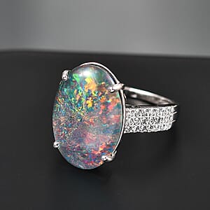 Certified & Appraised Premium Elysian Opal (Triplet) and G-H SI Luxuriant Lab Grown Diamond 6.67 ctw Ring in 10K White Gold (Size 5.0)