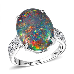 Certified & Appraised Premium Elysian Opal (Triplet) and G-H SI Luxuriant Lab Grown Diamond 6.67 ctw Ring in 10K White Gold (Size 6.5)