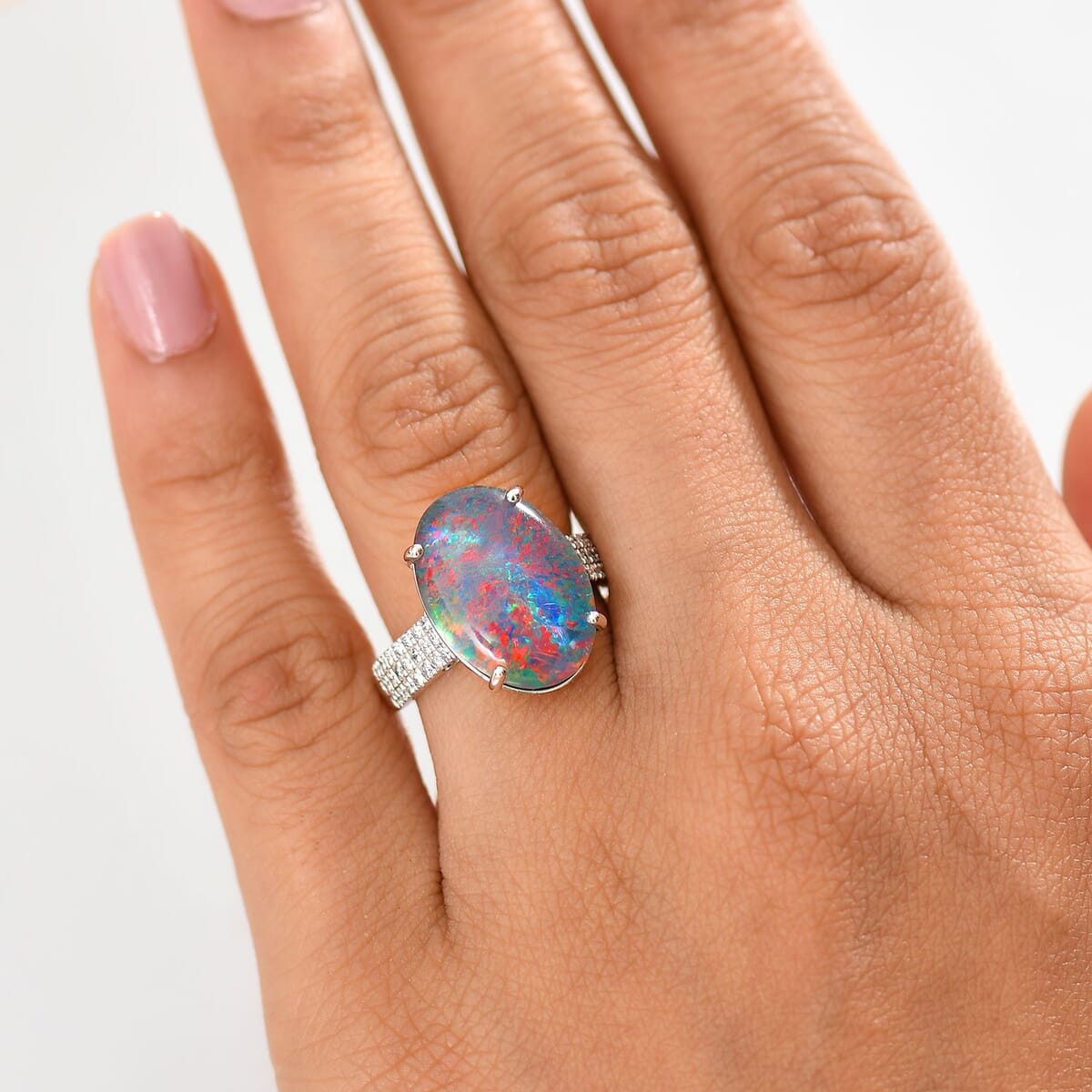 Certified & Appraised Premium Elysian Opal (Triplet) and G-H SI Luxuriant Lab Grown Diamond 6.67 ctw Ring in 10K White Gold (Size 7.0) image number 2