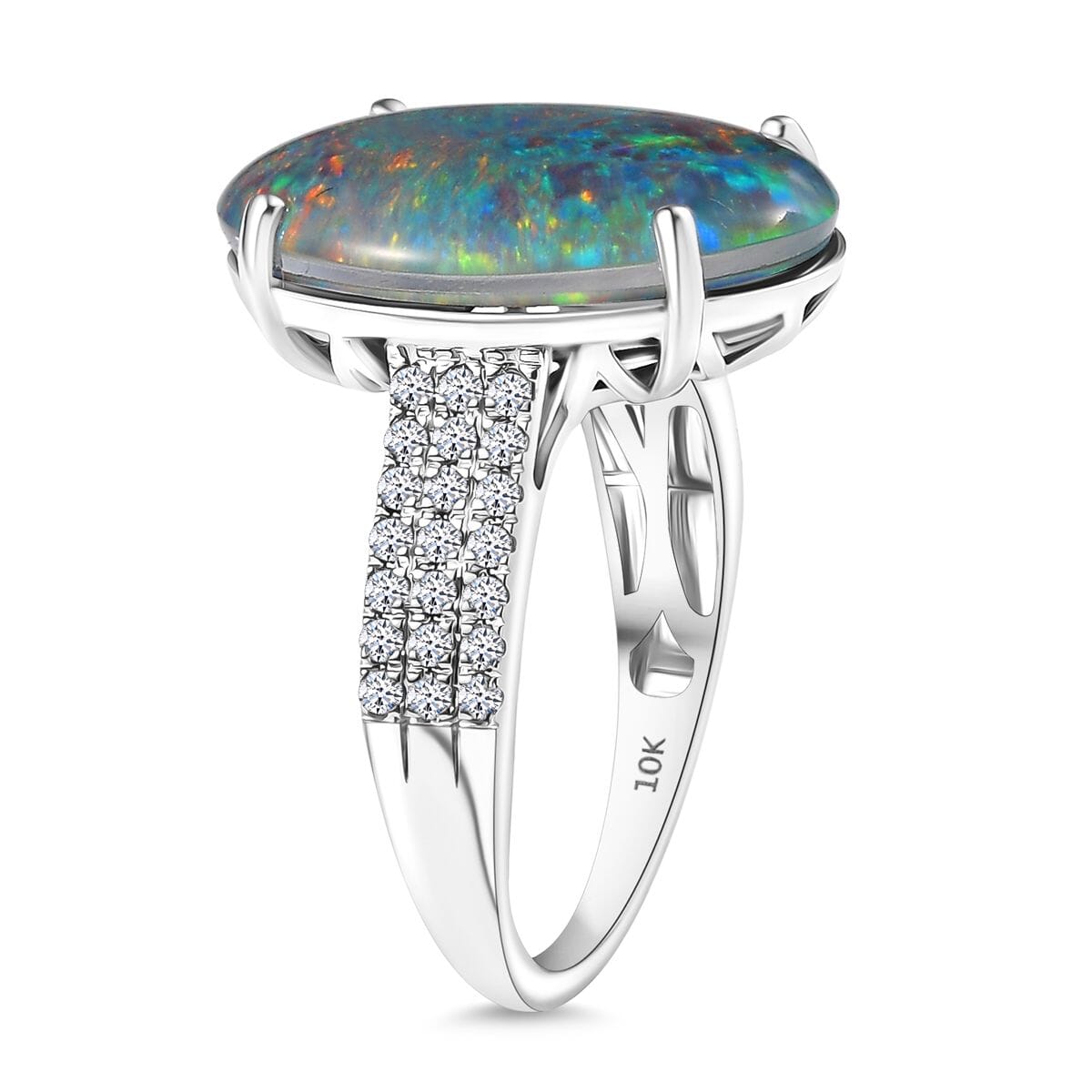 Certified & Appraised Premium Elysian Opal (Triplet) and G-H SI Luxuriant Lab Grown Diamond 6.67 ctw Ring in 10K White Gold (Size 7.0) image number 3