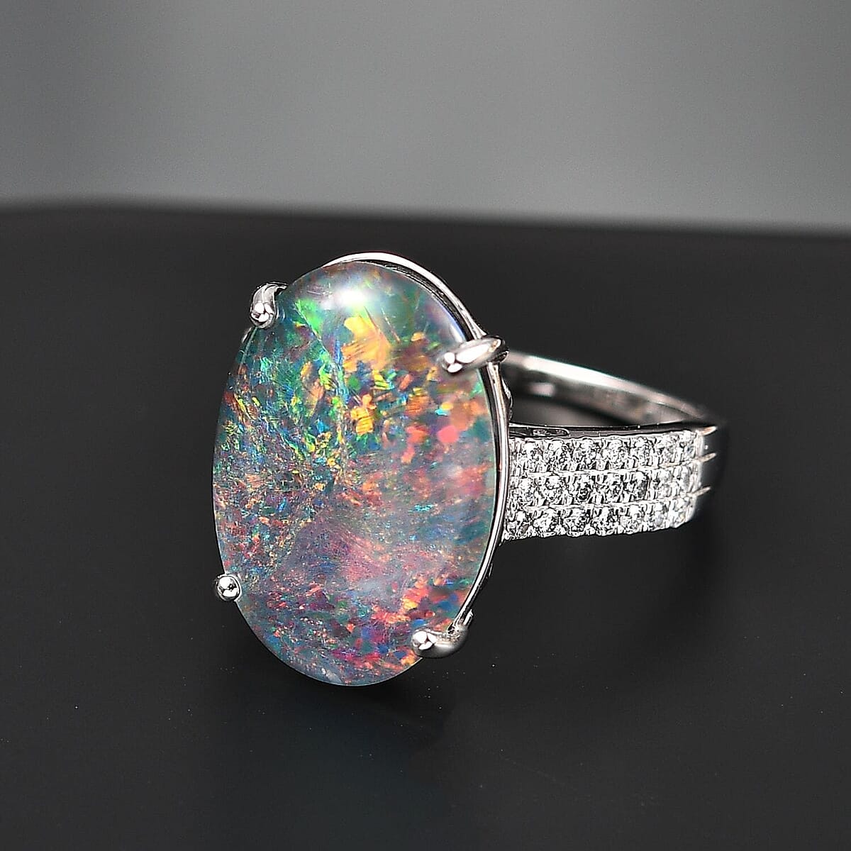 Certified & Appraised Premium Elysian Opal (Triplet) and G-H SI Luxuriant Lab Grown Diamond 6.67 ctw Ring in 10K White Gold (Size 7.5) image number 1