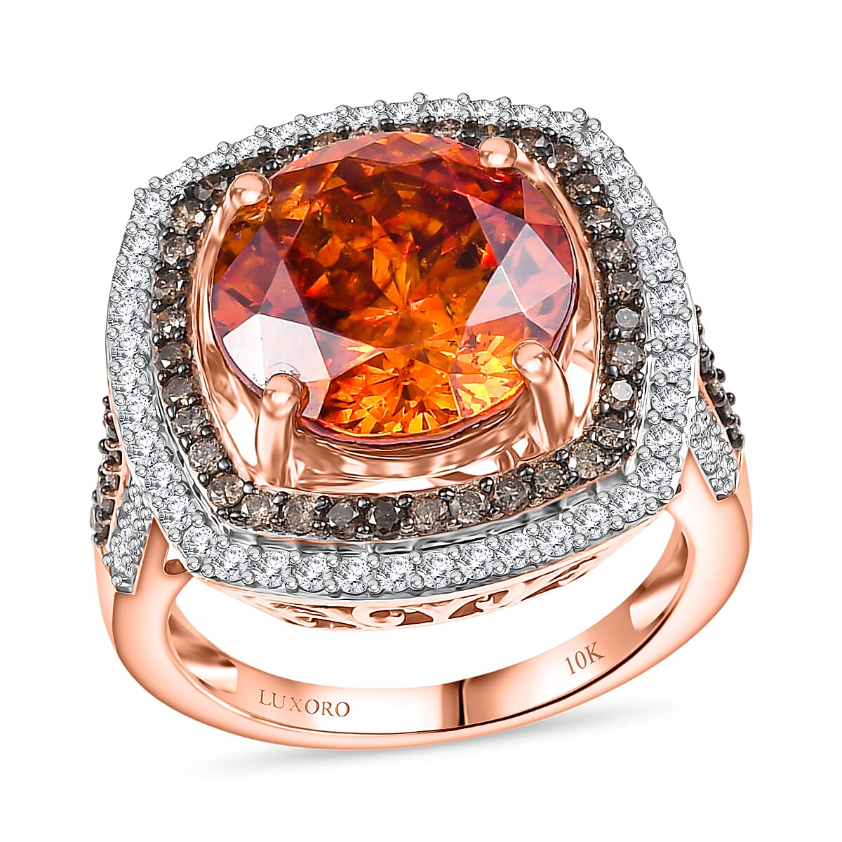 Luxoro Premium Picos Altos Sphalerite, Natural Champagne and White Diamond I2 10.30 ctw Blaze Royale Ring in 10K Rose Gold (Size 8.0) image number 0