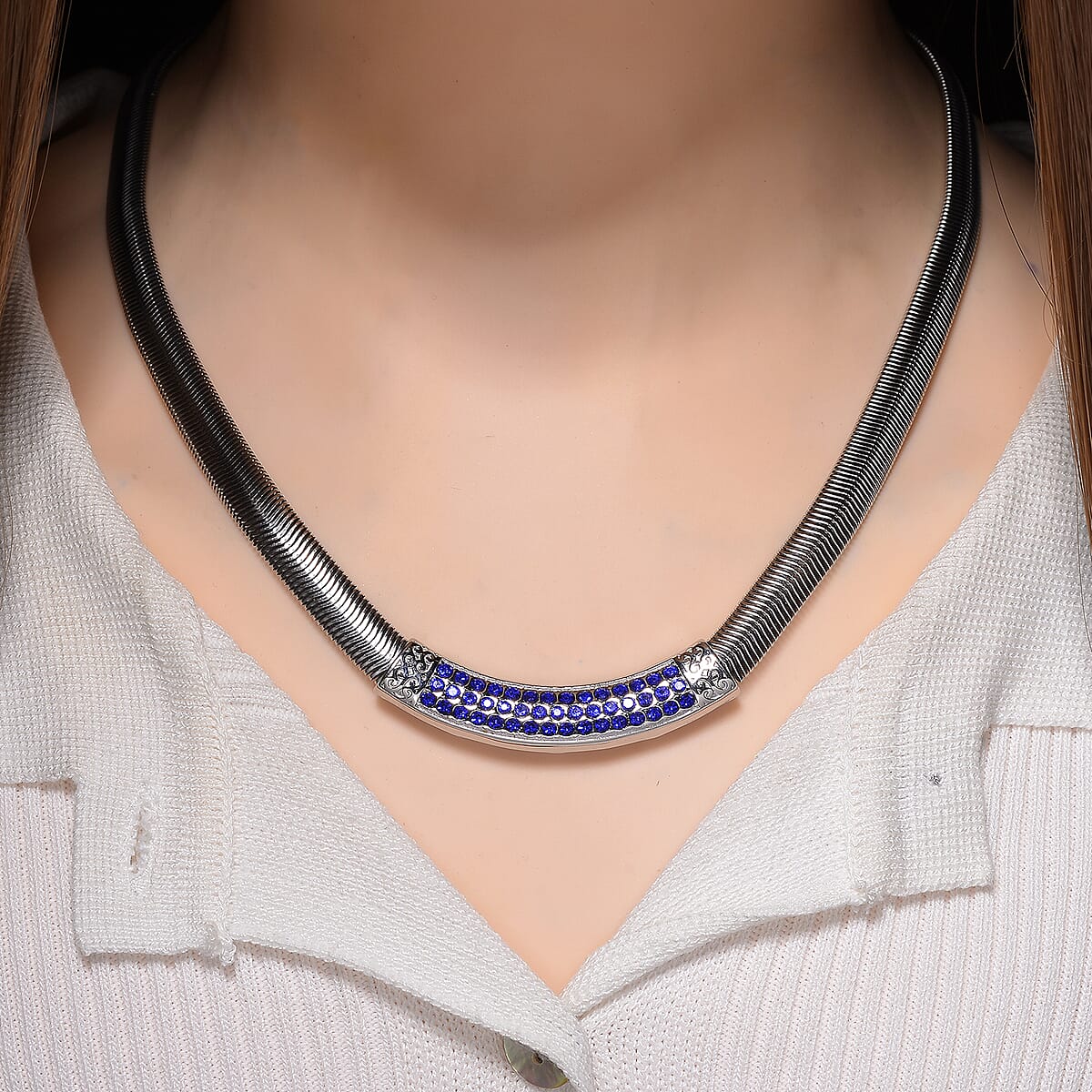 Blue Austrian Crystal Snake Chain Necklace in Stainless Steel 20-22 Inches image number 1