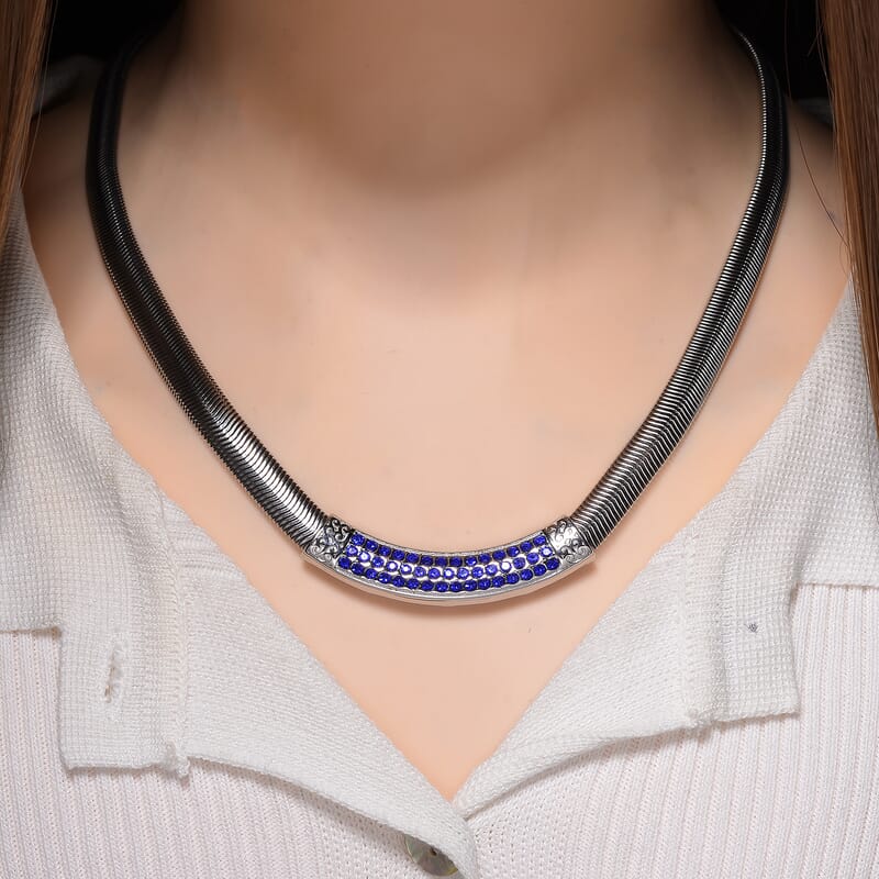 Blue Austrian Crystal Snake Chain Necklace in Stainless Steel 20-22 Inches