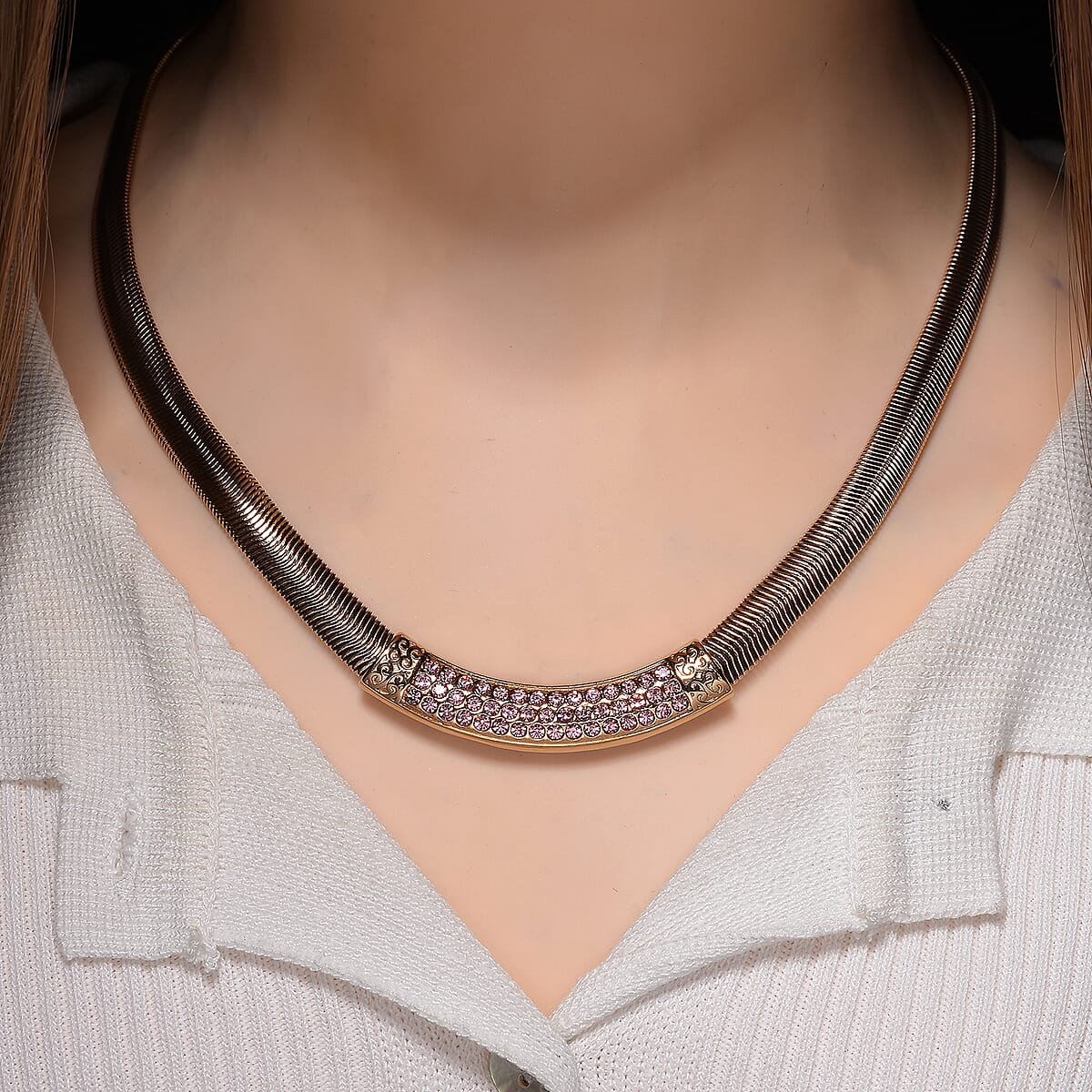 Pink Austrian Crystal Snake Chain Necklace in ION Plated RG Stainless Steel 20-22 Inches image number 1