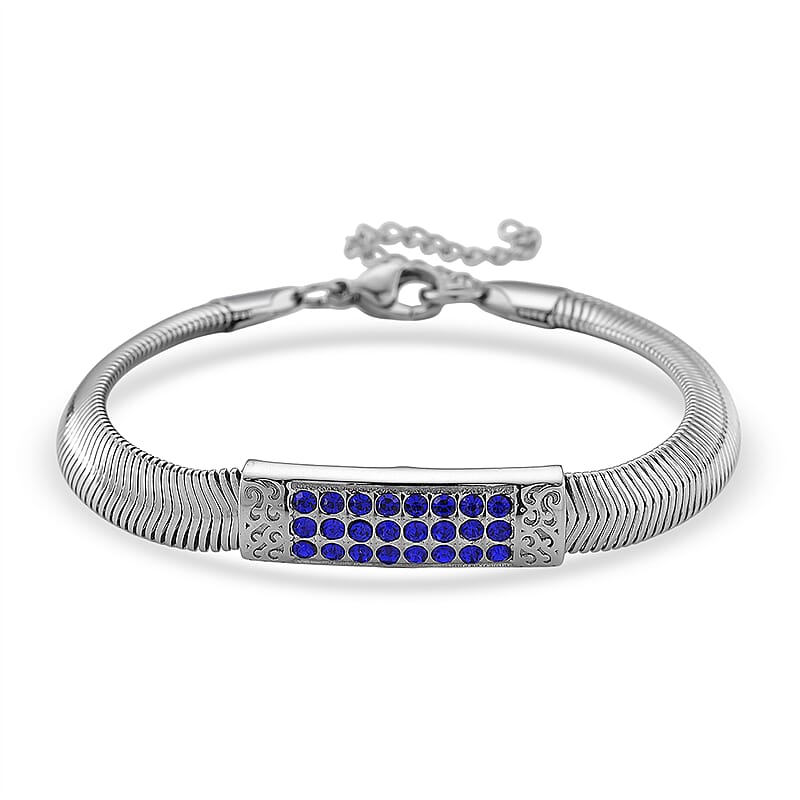 Blue Austrian Crystal Snake Chain Bracelet in Stainless Steel (7.5-9.5In)