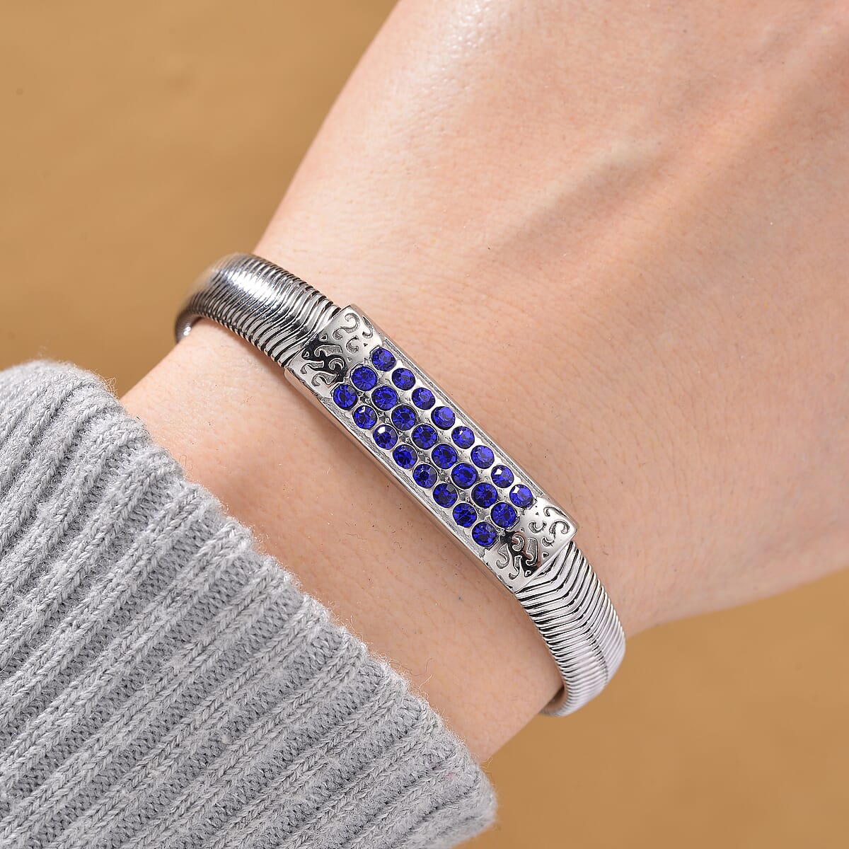 Blue Austrian Crystal Snake Chain Bracelet in Stainless Steel (7.5-9.5In) image number 1