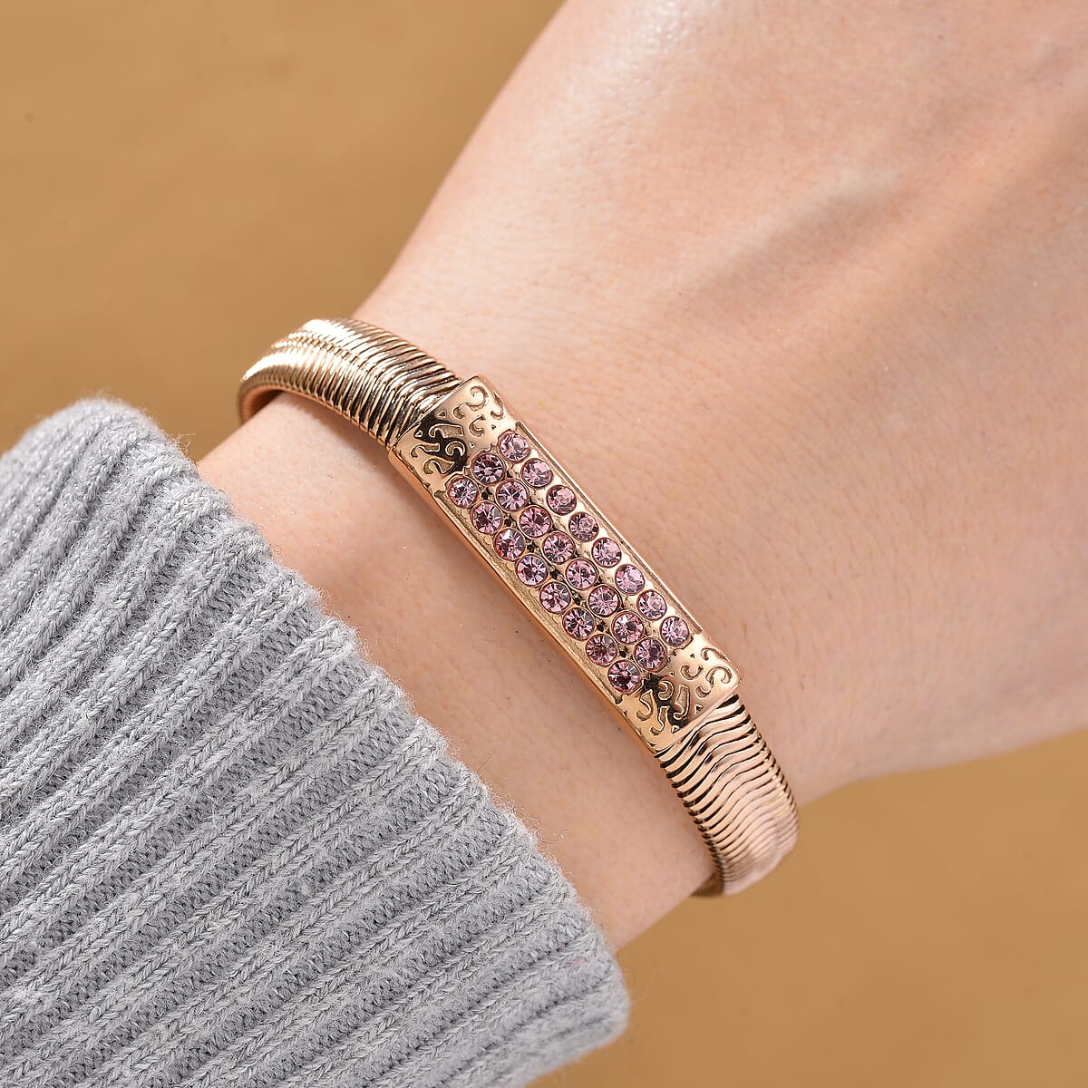 Pink Austrian Crystal Snake Chain Bracelet in ION Plated RG Stainless Steel (7.5-9.5In) image number 1