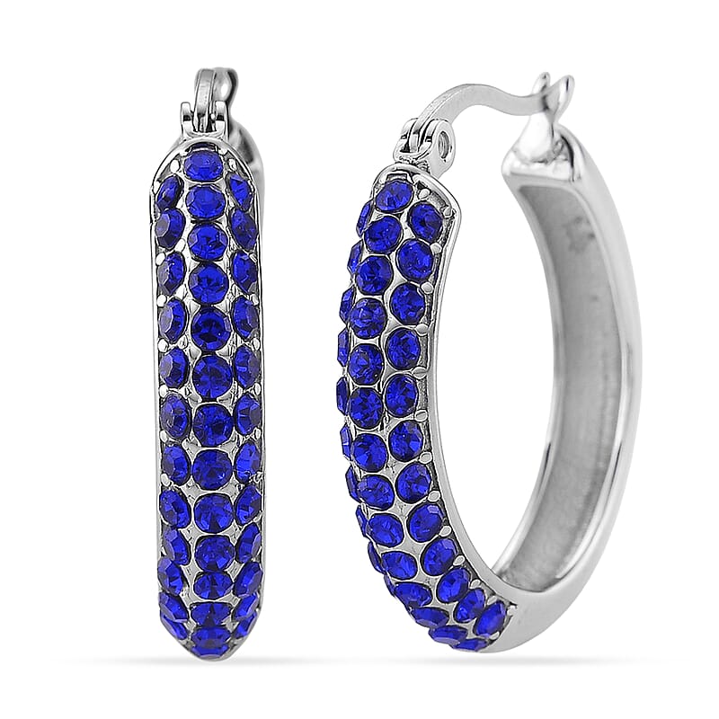 Blue Austrian Crystal Hoop Earrings in Stainless Steel