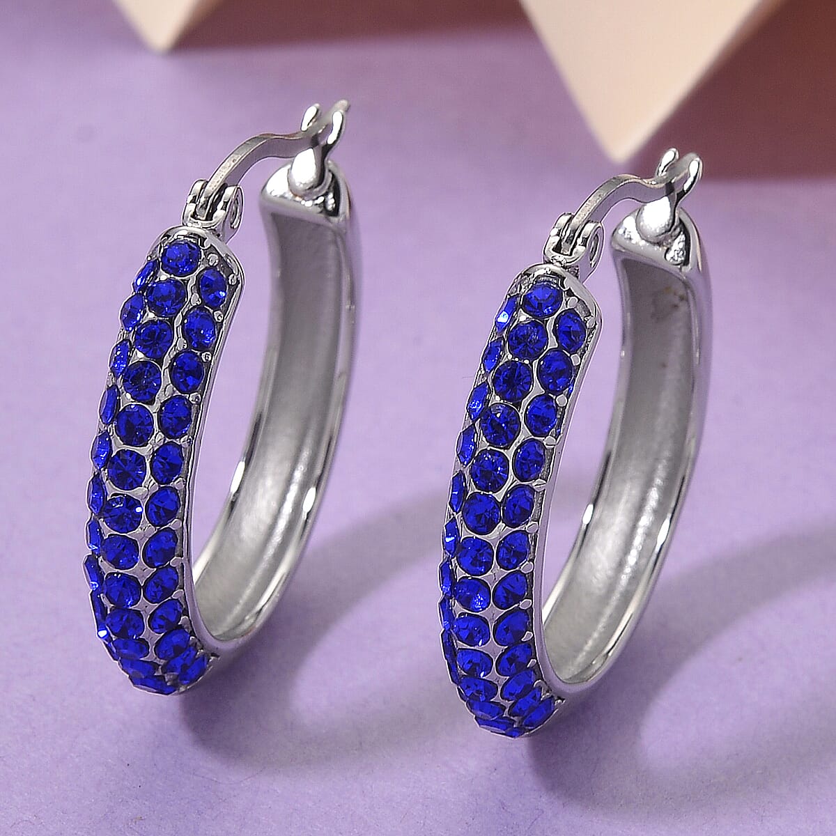 Blue Austrian Crystal Hoop Earrings in Stainless Steel image number 1