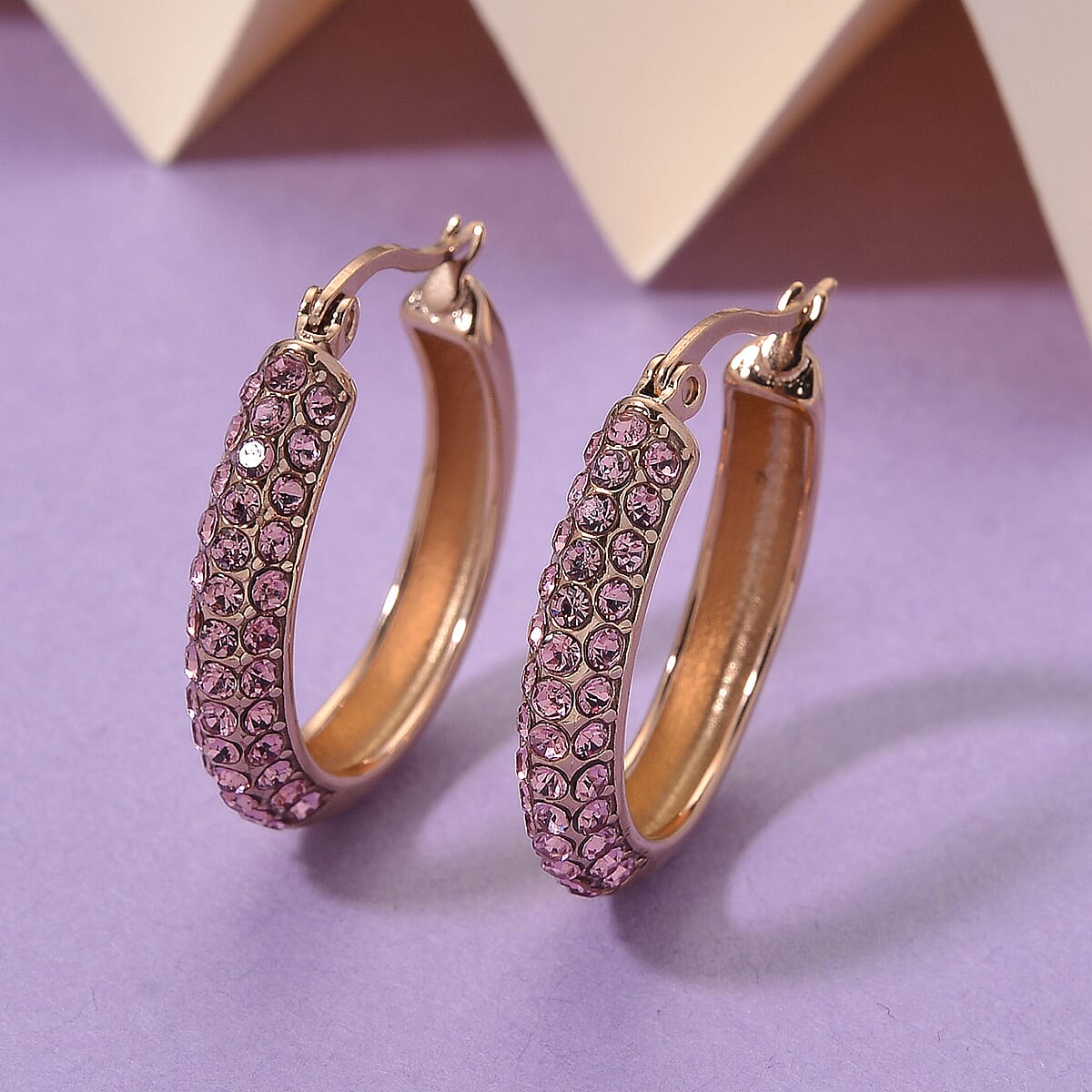 Pink Austrian Crystal Hoop Earrings in ION Plated RG Stainless Steel image number 1
