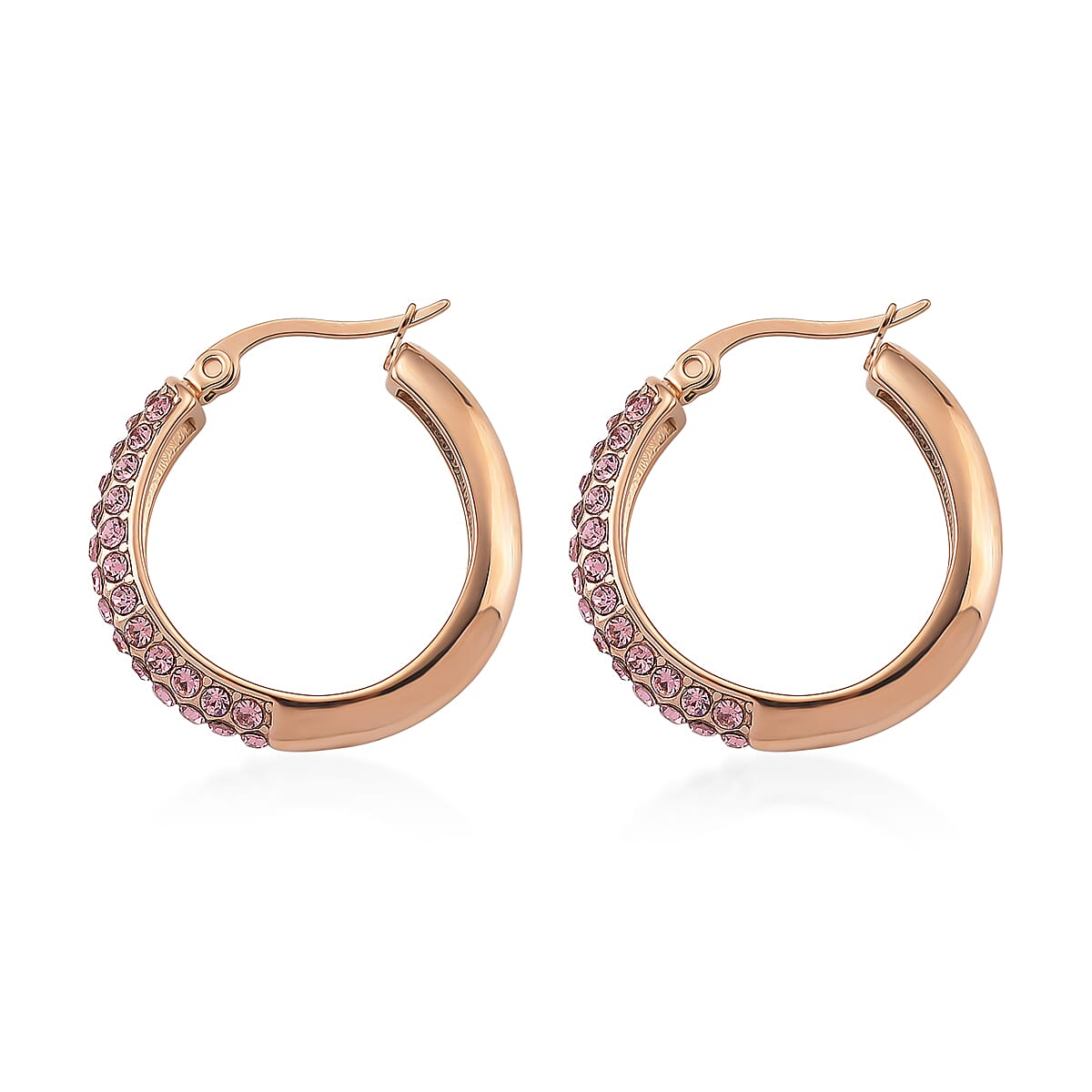 Pink Austrian Crystal Hoop Earrings in ION Plated RG Stainless Steel image number 3