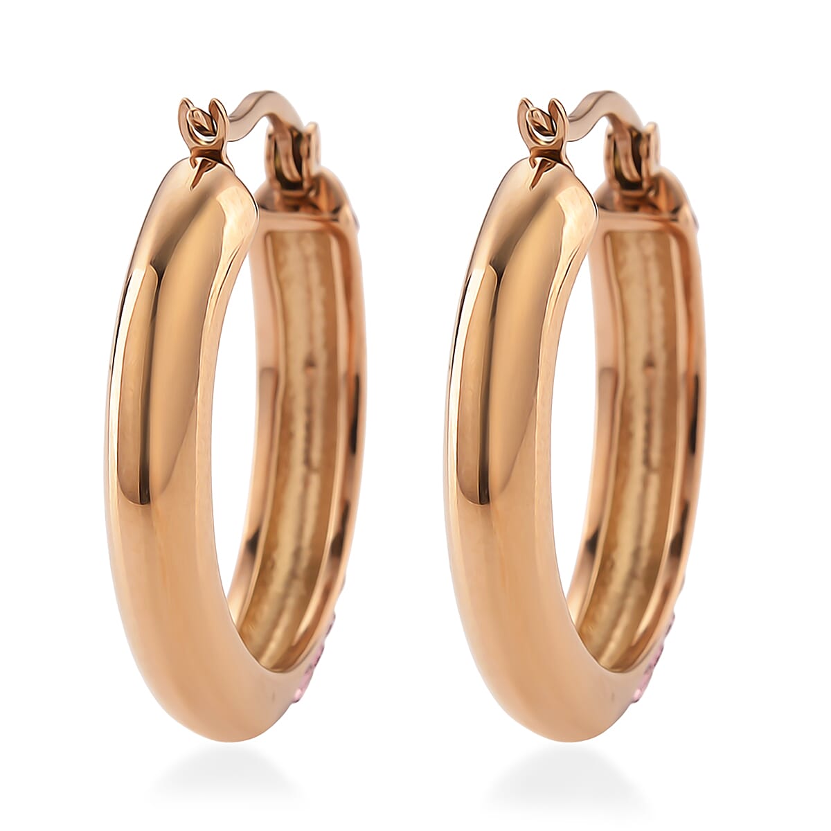 Pink Austrian Crystal Hoop Earrings in ION Plated RG Stainless Steel image number 4