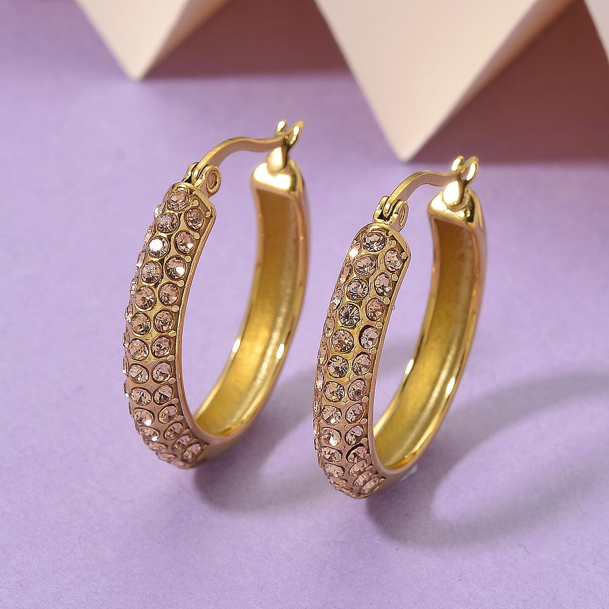 Champagne Austrian Crystal Hoop Earrings in ION Plated YG Stainless Steel image number 1