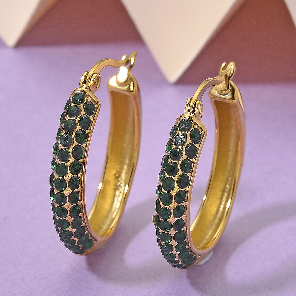 Green Austrian Crystal Hoop Earrings in ION Plated YG Stainless Steel image number 1