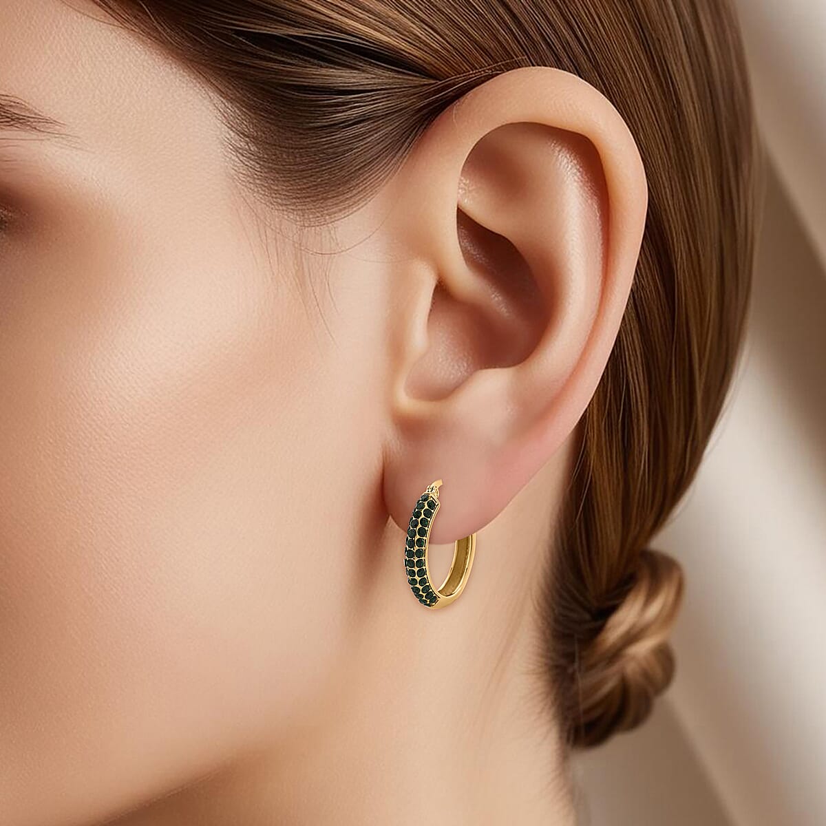 Green Austrian Crystal Hoop Earrings in ION Plated YG Stainless Steel image number 2