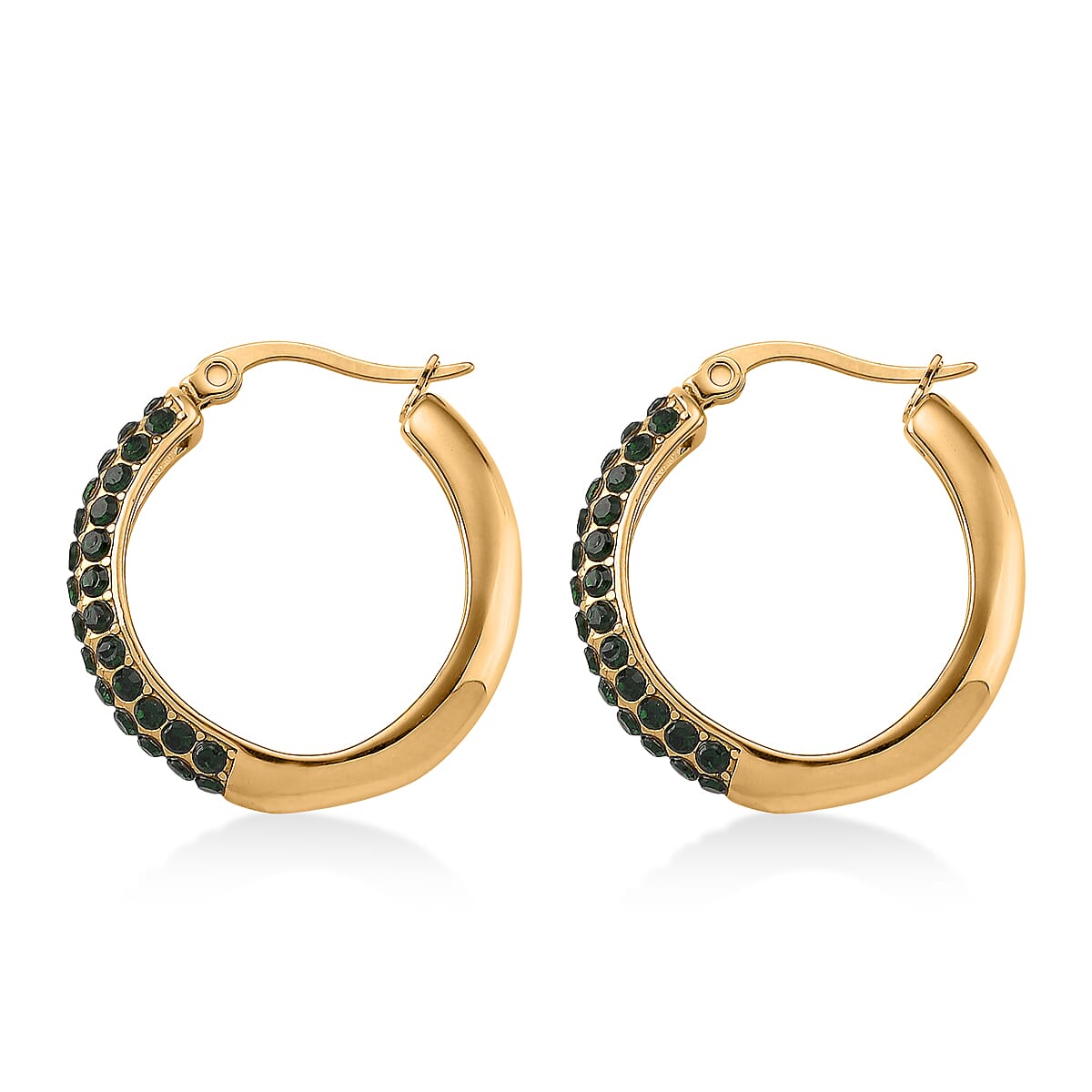 Green Austrian Crystal Hoop Earrings in ION Plated YG Stainless Steel image number 4