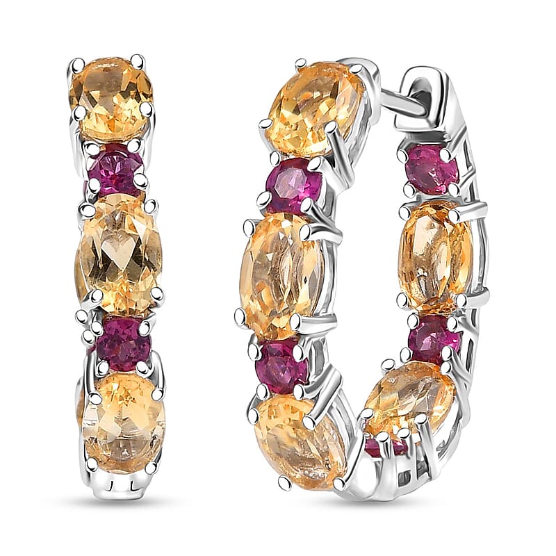 Karis Brazilian Citrine and Orissa Rhodolite 5.50 ctw Garnet Art Deco Hoop Earrings in Platinum Bond