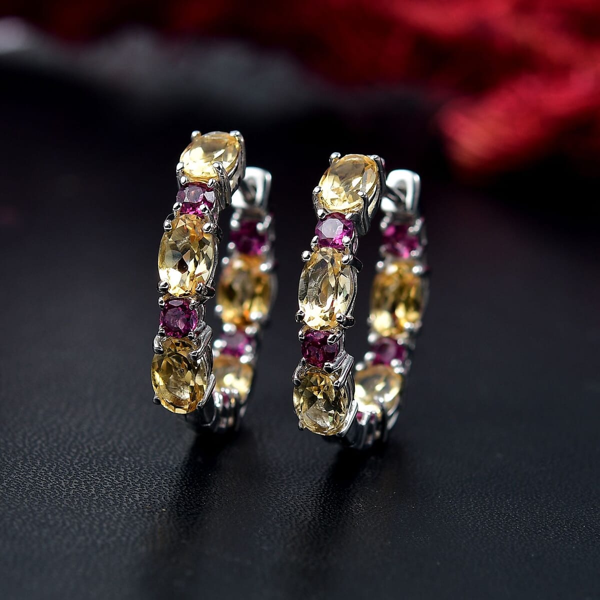 Karis Brazilian Citrine and Orissa Rhodolite 5.50 ctw Garnet Art Deco Hoop Earrings in Platinum Bond  image number 1