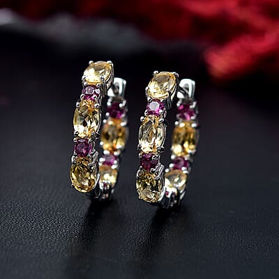 Karis Brazilian Citrine and Orissa Rhodolite 5.50 ctw Garnet Art Deco Hoop Earrings in Platinum Bond
