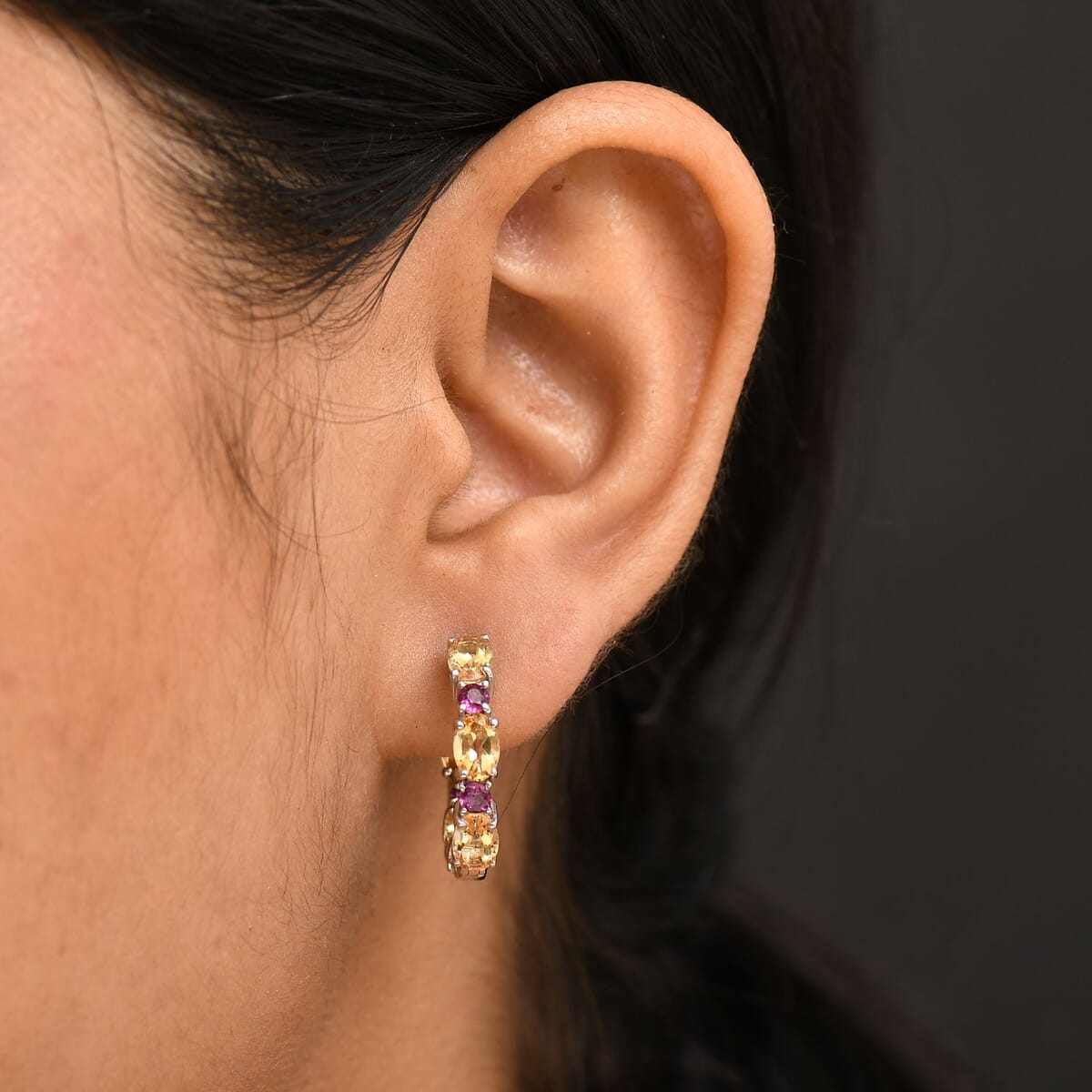 Karis Brazilian Citrine and Orissa Rhodolite 5.50 ctw Garnet Art Deco Hoop Earrings in Platinum Bond  image number 2