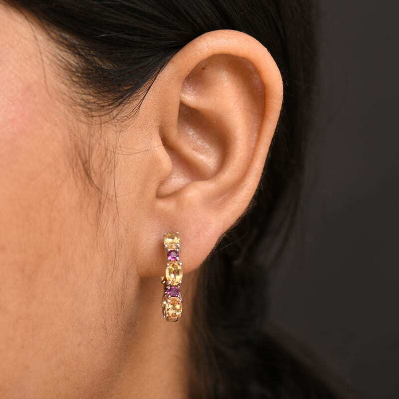 Karis Brazilian Citrine and Orissa Rhodolite 5.50 ctw Garnet Art Deco Hoop Earrings in Platinum Bond