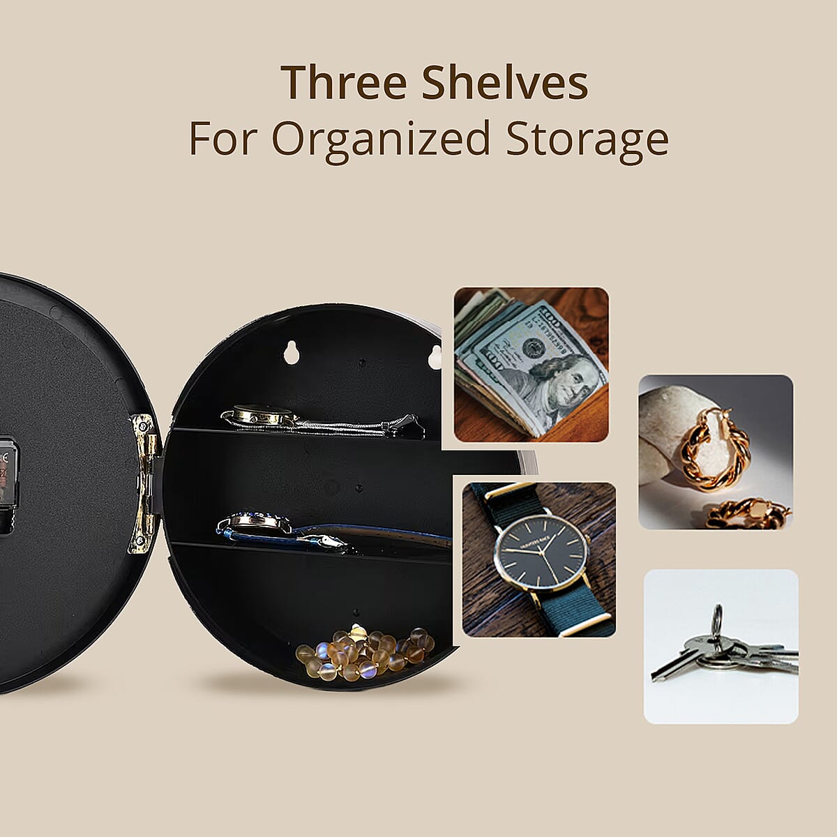 Livmore Silver Color Wall Clock with Three Shelves Hidden Compartment (1xAA Battery Not Included) image number 4