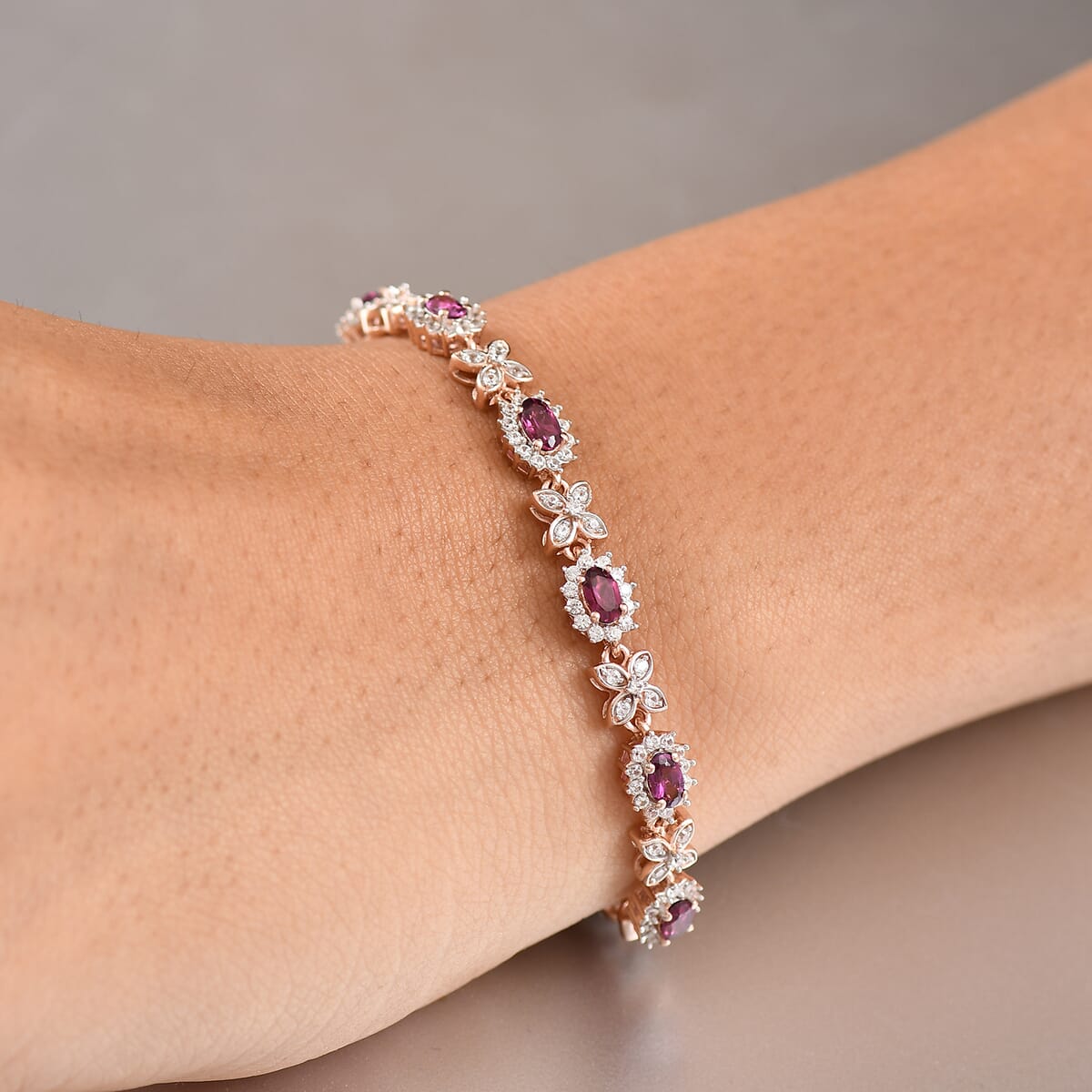 D'Joy AAA Radiant Ember Garnet and White Zircon 7.60 ctw Purple Majestic Bracelet in 18K Vermeil Rose Gold Over Sterling Silver (7.25 In) image number 2