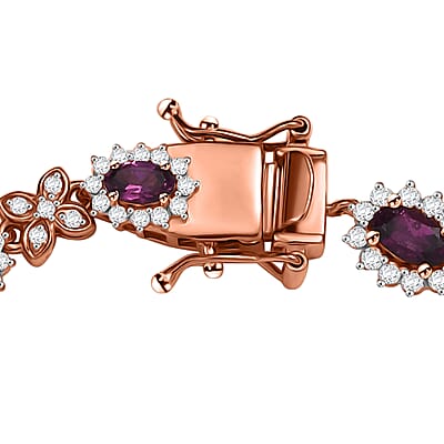 D'Joy AAA Radiant Ember Garnet and White Zircon 7.60 ctw Purple Majestic Bracelet in 18K Vermeil Rose Gold Over Sterling Silver (7.25 In)