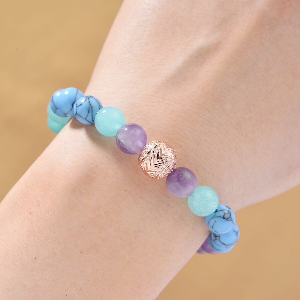 Multi Gemstone 90.00 ctw Beaded Stretch Bracelet in Rosetone (6.5-7In) image number 1