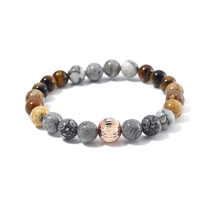 Multi Gemstone 90.00 ctw Beads Stretch Bracelet in Rosetone (6.5-7In)