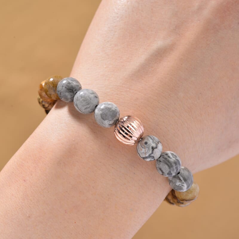 Multi Gemstone 90.00 ctw Beads Stretch Bracelet in Rosetone (6.5-7In)