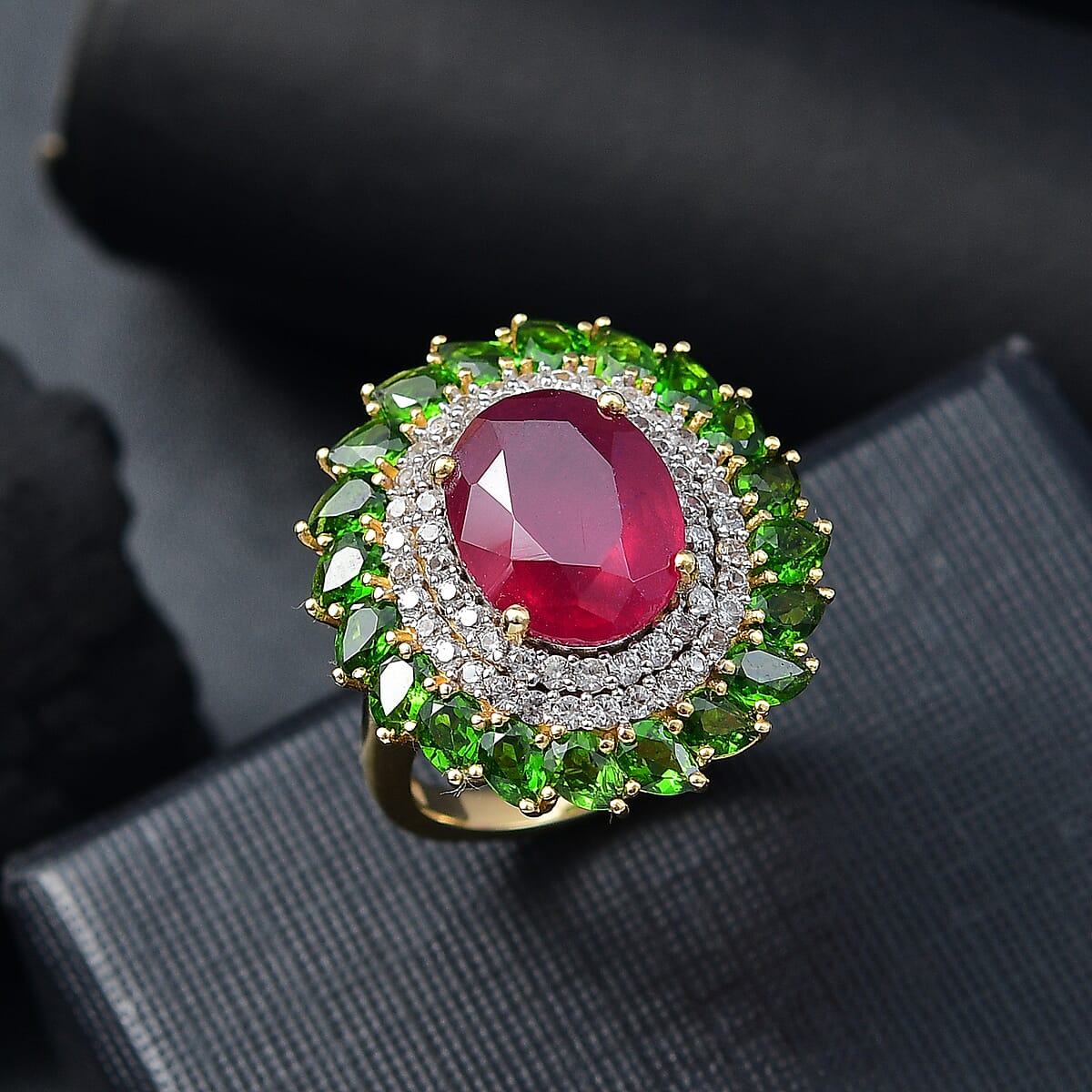 D'Joy Premium Niassa Ruby FF and Multi Gemstone 11.80 ctw Empress of the Forest Ring in 18K Vermeil Yellow Gold Over Sterling Silver (Size 6.0) image number 1