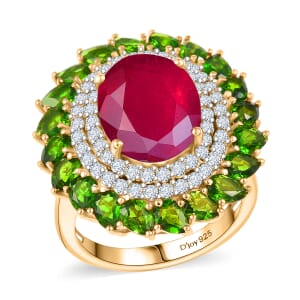 Premium Niassa Ruby FF and Multi Gemstone 11.80 ctw Empress of the Forest Ring in 18K Vermeil Yellow Gold Over Sterling Silver (Size 7.0)