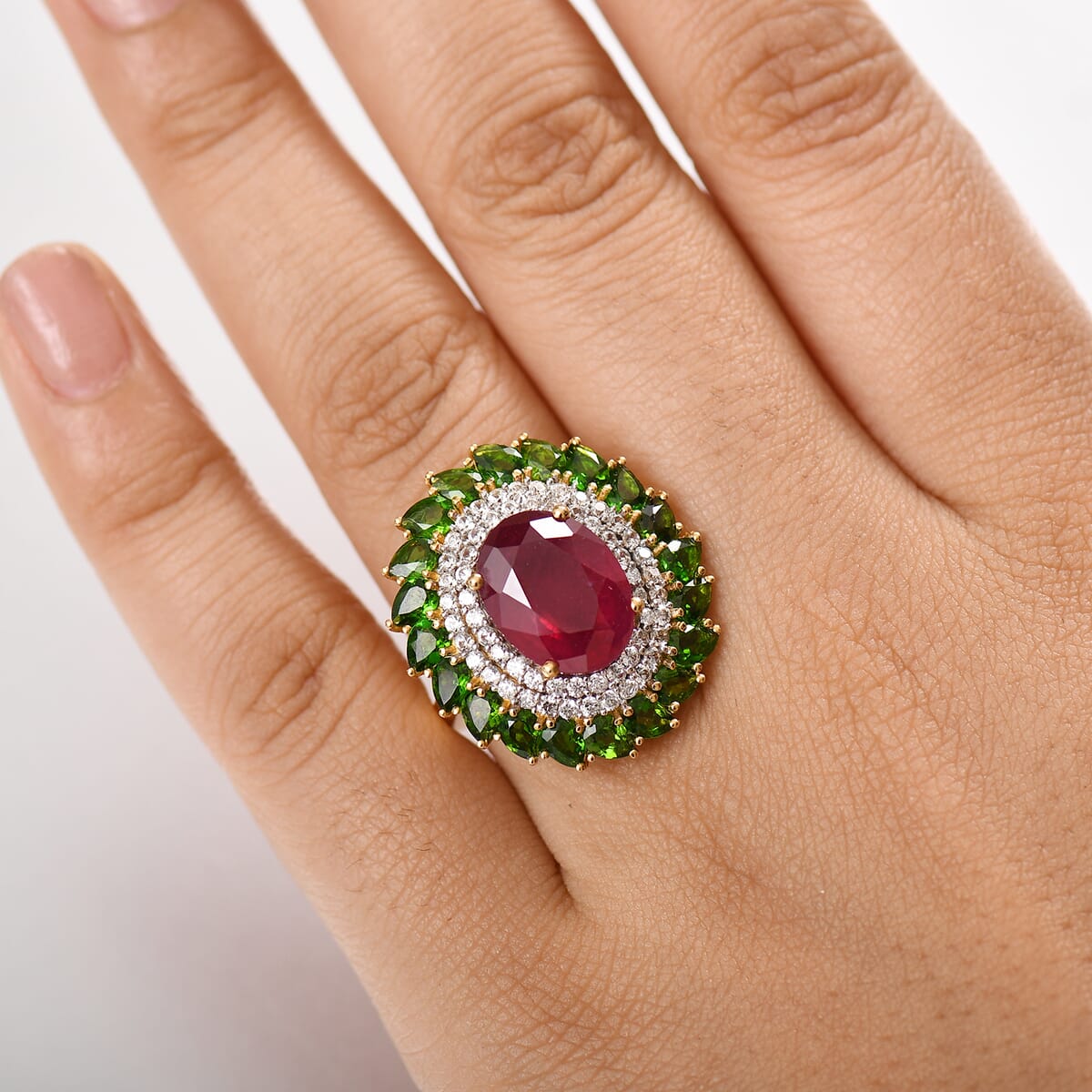 Premium Niassa Ruby FF and Multi Gemstone 11.80 ctw Empress of the Forest Ring in 18K Vermeil Yellow Gold Over Sterling Silver (Size 7.0) image number 2