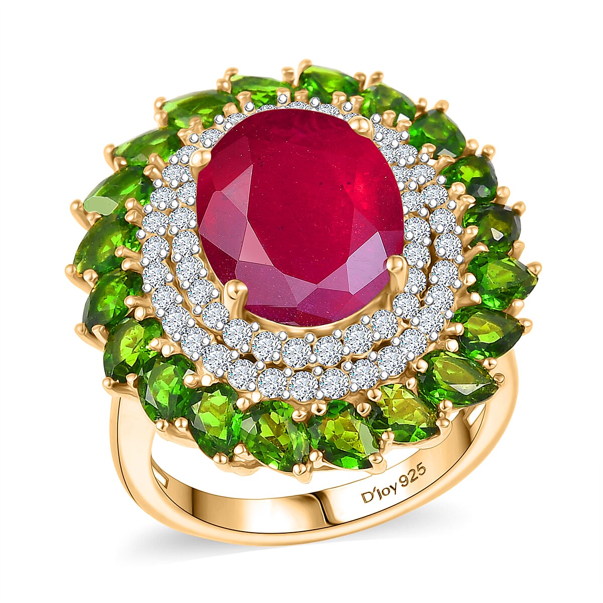 D'Joy Premium Niassa Ruby FF and Multi Gemstone Empress of the Forest 11.80 ctw Ring in 18K Vermeil Yellow Gold Over Sterling Silver (Size 9.0) image number 0