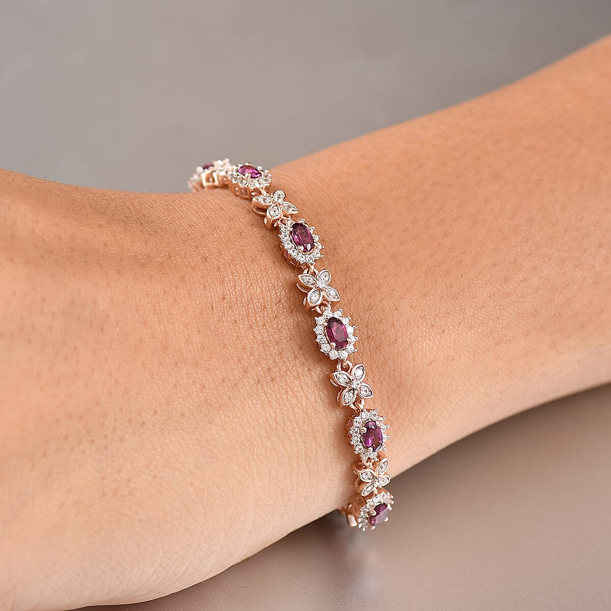 D'Joy AAA Radiant Ember Garnet and White Zircon 6.65 ctw Purple Majestic Bracelet in 18K Vermeil Rose Gold Over Sterling Silver (6.50 In) image number 2