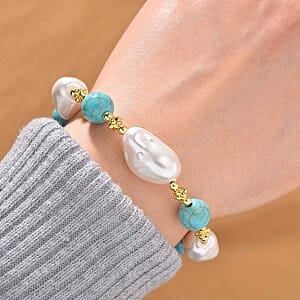 Baroque Shape Shell Pearl, Constituted Blue Howlite Beaded 70.00 ctw Bracelet in Goldtone (7.00-9.00 In)
