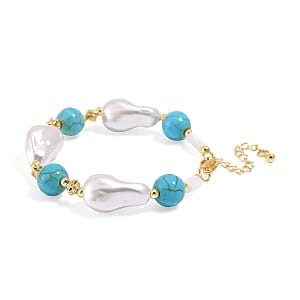Baroque Shape Shell Pearl, Constituted Blue Howlite Beaded 70.00 ctw Bracelet in Goldtone (7.00-9.00 In)