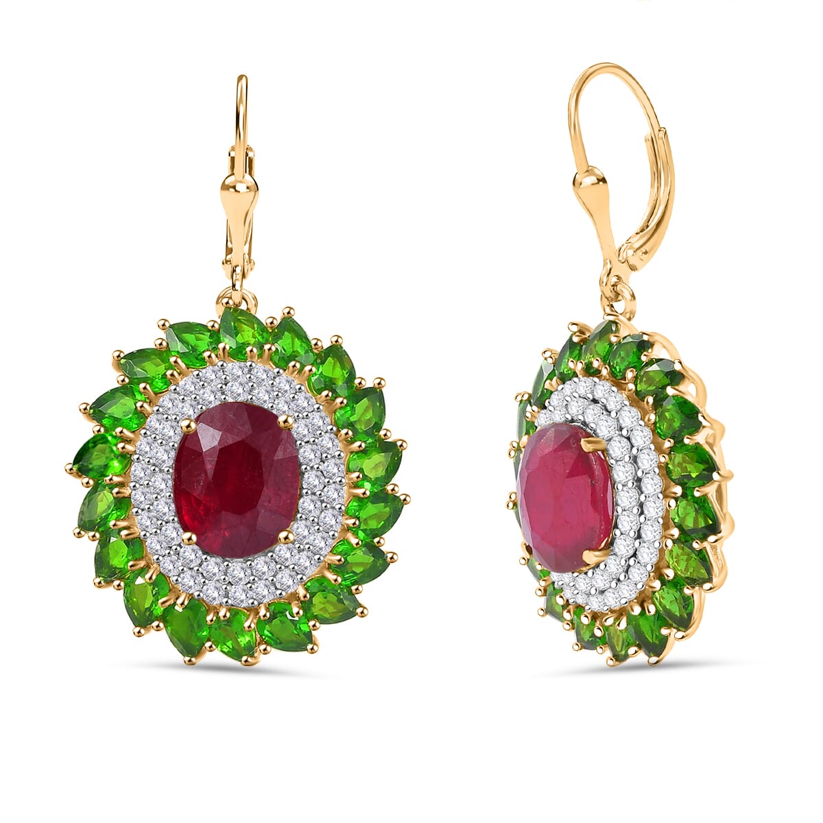 Premium Niassa Ruby (FF) and Multi Gemstone 17.00 ctw Empress of the Forest Lever Back Earrings in 18K Vermeil Yellow Gold Over Sterling Silver image number 0