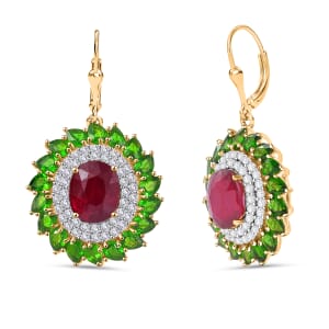 Premium Niassa Ruby (FF) and Multi Gemstone 17.00 ctw Empress of the Forest Lever Back Earrings in 18K Vermeil Yellow Gold Over Sterling Silver