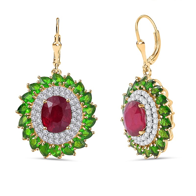 D'Joy Premium Niassa Ruby (FF) and Multi Gemstone 17.00 ctw Empress of the Forest Lever Back Earrings in 18K Vermeil Yellow Gold Over Sterling Silver