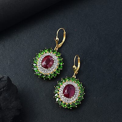 D'Joy Premium Niassa Ruby (FF) and Multi Gemstone 17.00 ctw Empress of the Forest Lever Back Earrings in 18K Vermeil Yellow Gold Over Sterling Silver