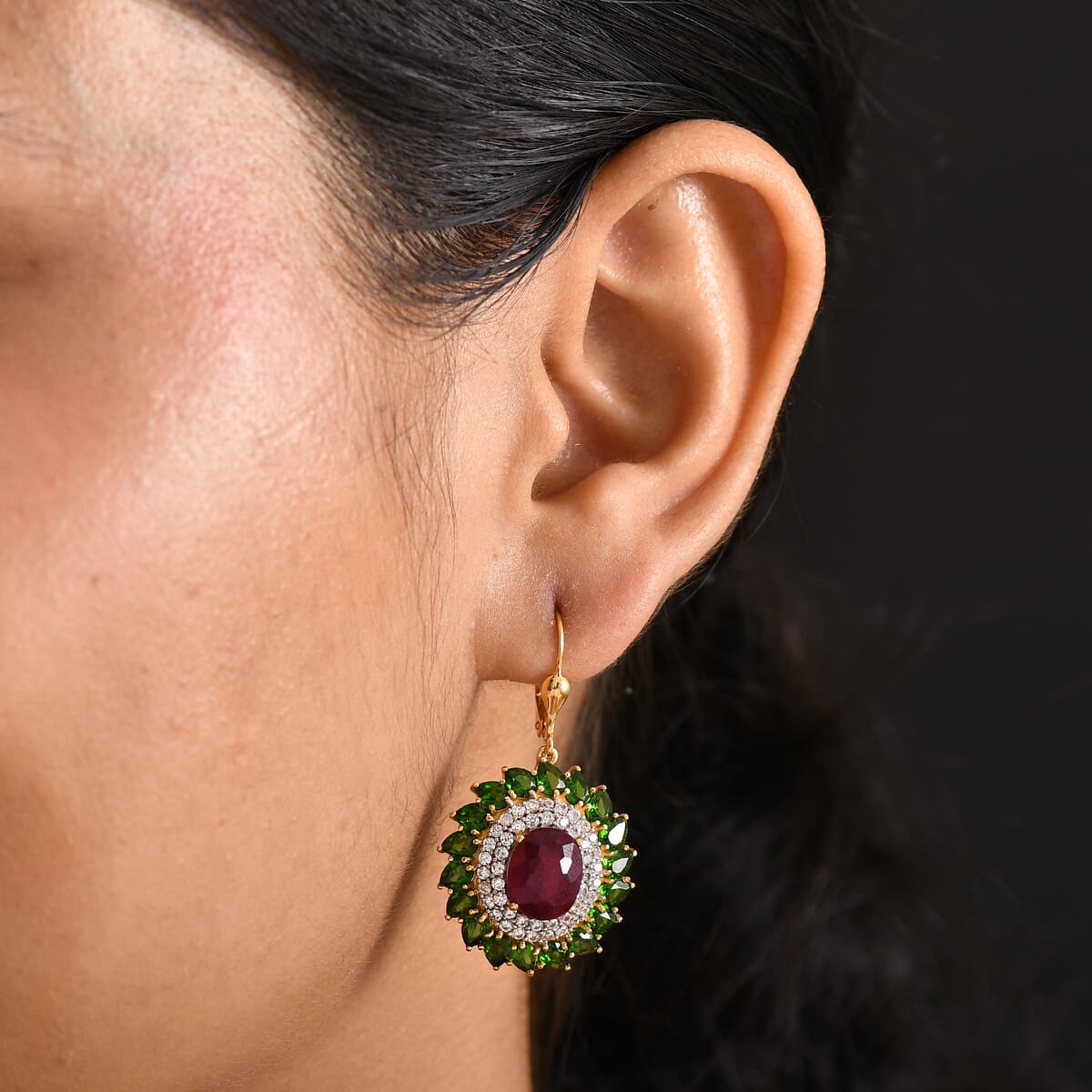 Premium Niassa Ruby (FF) and Multi Gemstone 17.00 ctw Empress of the Forest Lever Back Earrings in 18K Vermeil Yellow Gold Over Sterling Silver image number 2