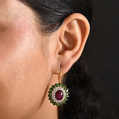 D'Joy Premium Niassa Ruby (FF) and Multi Gemstone 17.00 ctw Empress of the Forest Lever Back Earrings in 18K Vermeil Yellow Gold Over Sterling Silver