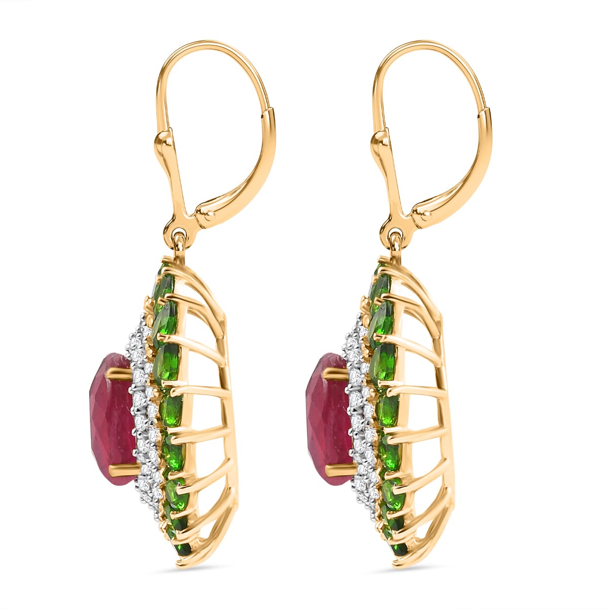 Premium Niassa Ruby (FF) and Multi Gemstone 17.00 ctw Empress of the Forest Lever Back Earrings in 18K Vermeil Yellow Gold Over Sterling Silver image number 3